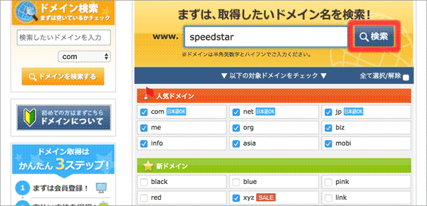 スタードメインのドメイン取得手続き
